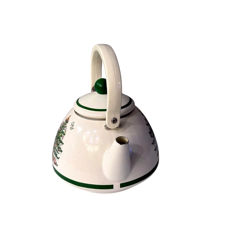 Vintage Spode Christmas Tree Enamel Teapot Kettle Cream Green Stovetop